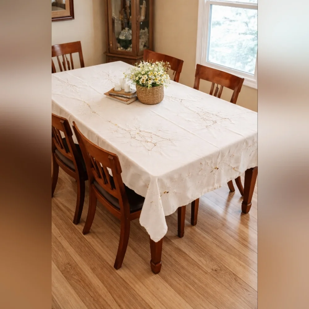 vintage cream embroidered tablecloth rectangular floral cutwork  cottagecore